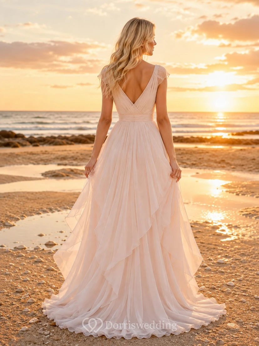 Brautkleid aus Chiffon mit V-Ausschnitt und A-Linien-Schnitt für den Strand view 2