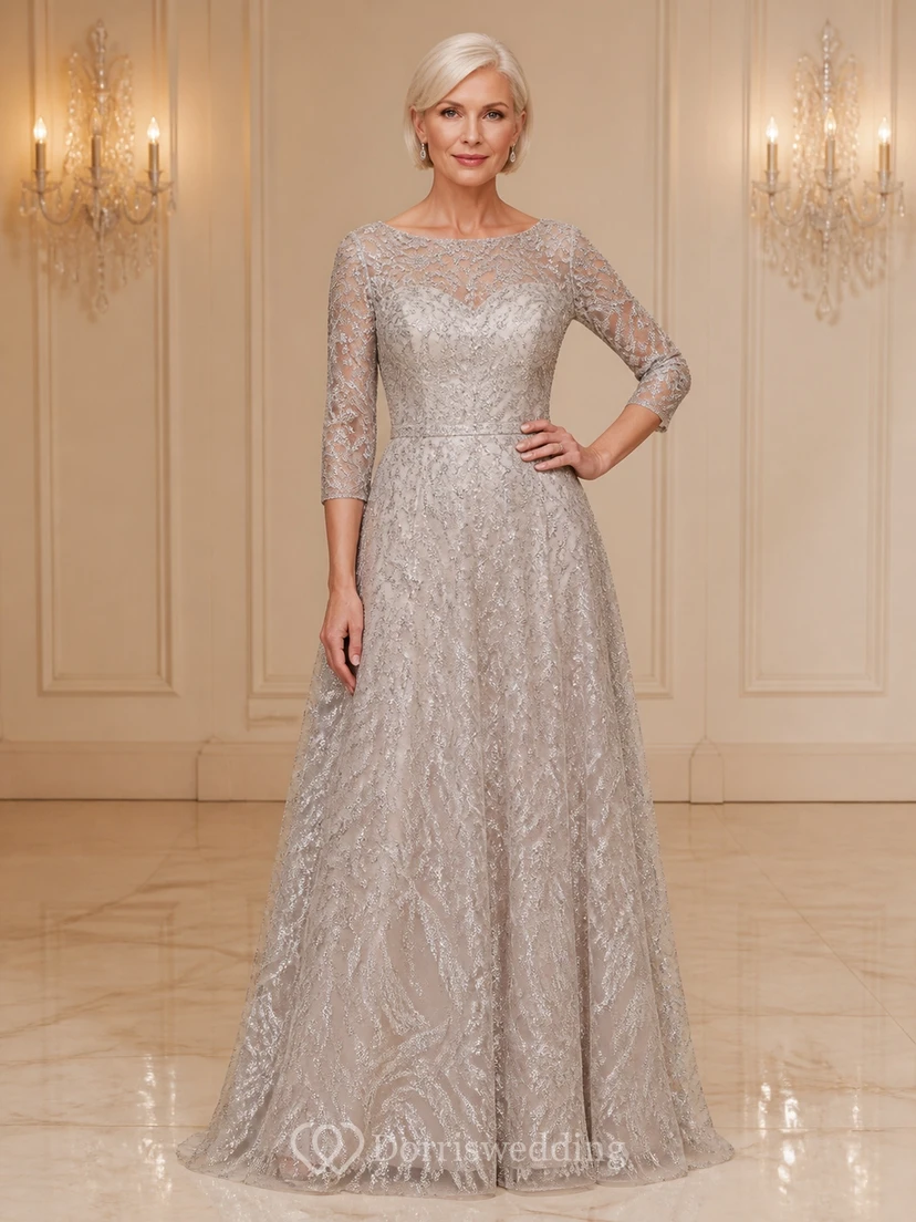 Robe de mariée argentée, sobre et élégante, en dentelle, coupe trapèze, longueur au sol, manches trois-quarts, pour la mère de la mariée.