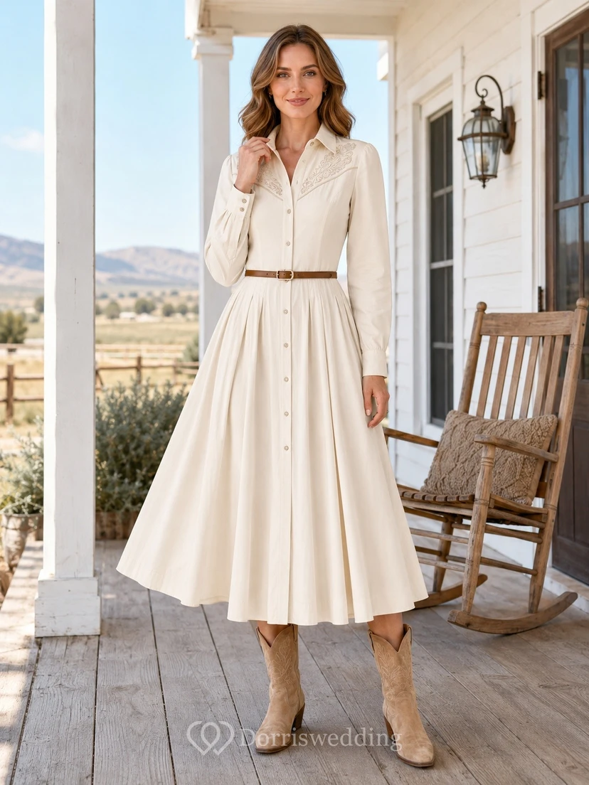 Western High-Neck Long Sleeve Satin A-Line Tea-Length Wedding Dress