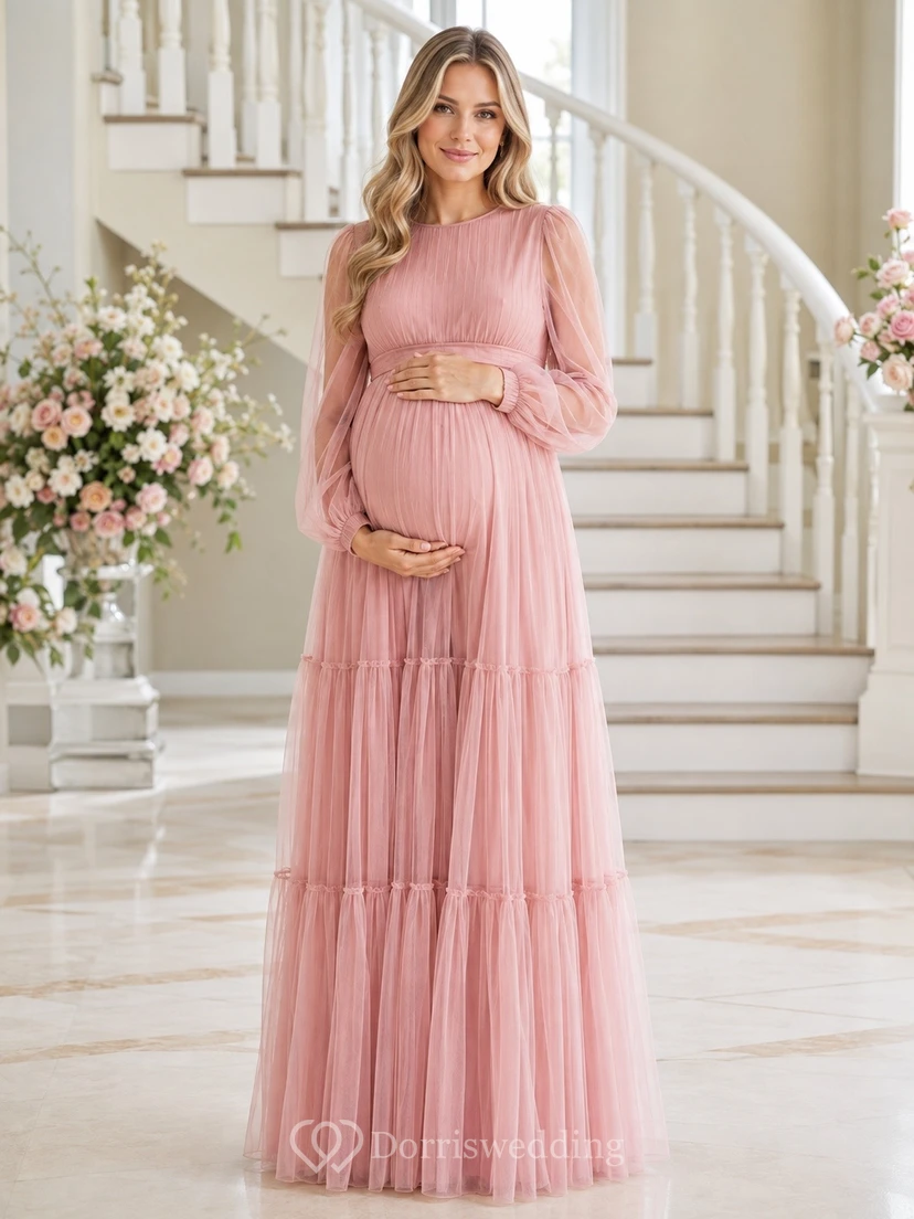 Dusty Rose Maternity Pleated Tiered Long Sleeve Chiffon Empire Gown Dress