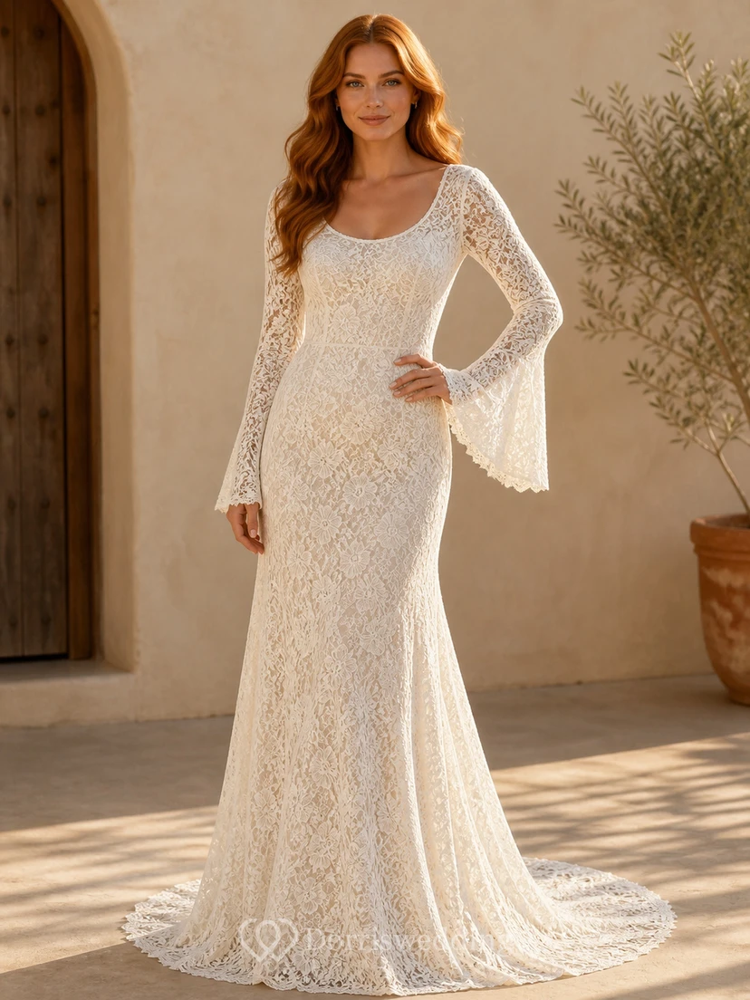 Vestido de novia bohemio de manga larga acampanada, estilo sirena, escote redondo y encaje, para capilla.
