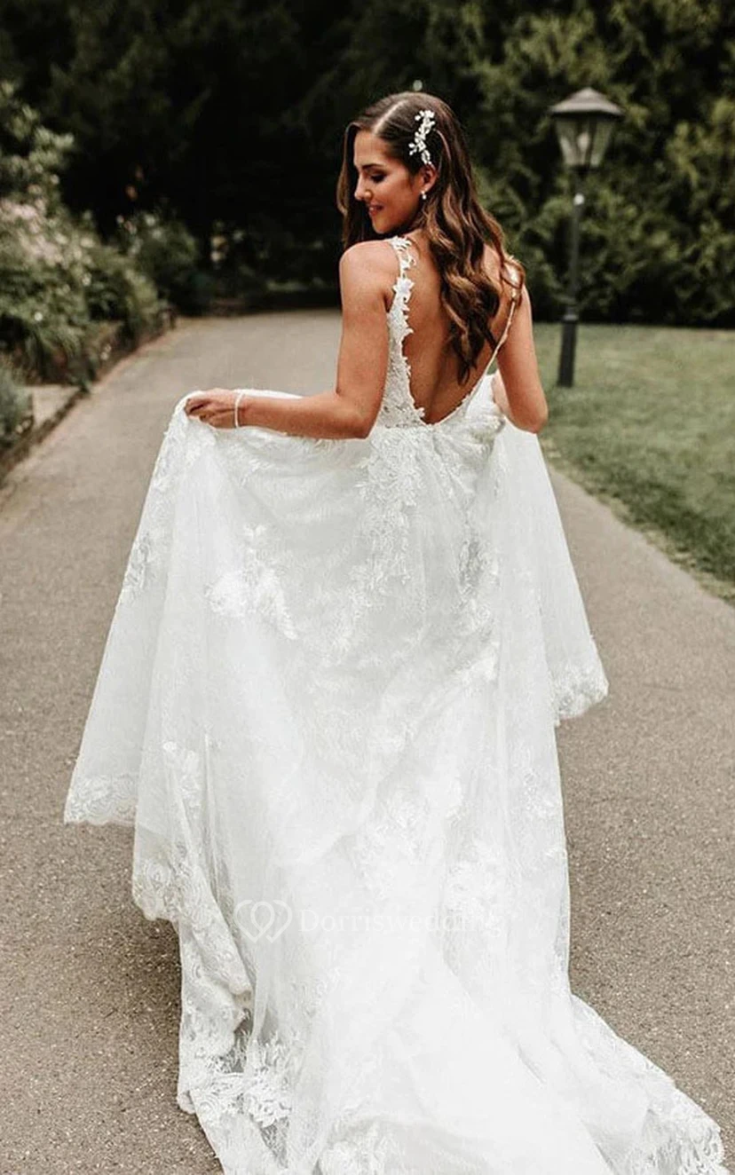 V-neck A-line Sleeveless Backless Country Lace Beach Wedding Dress view 2