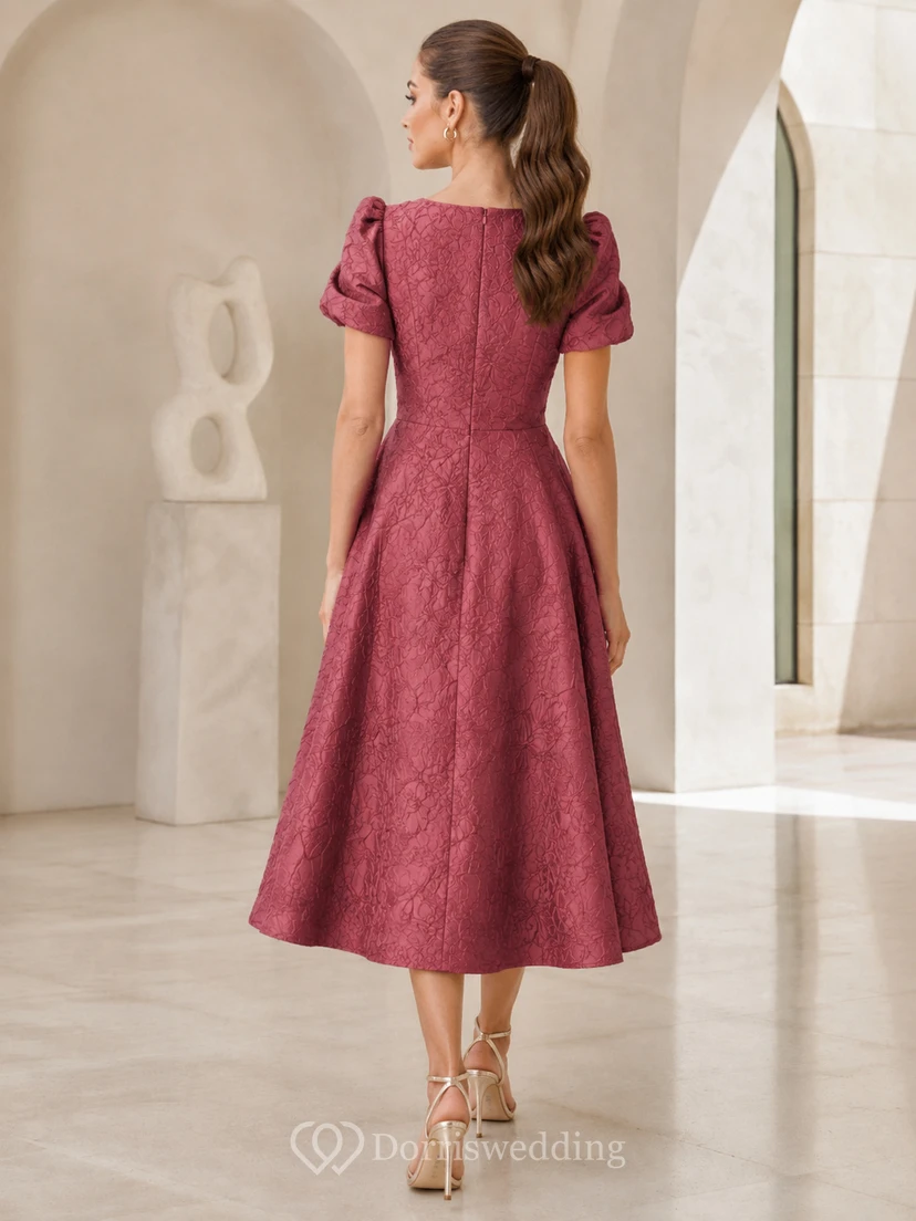 Dusty Rose Bateau Puff Sleeve Jacquard A-Line Midi Wedding Guest Dress view 2