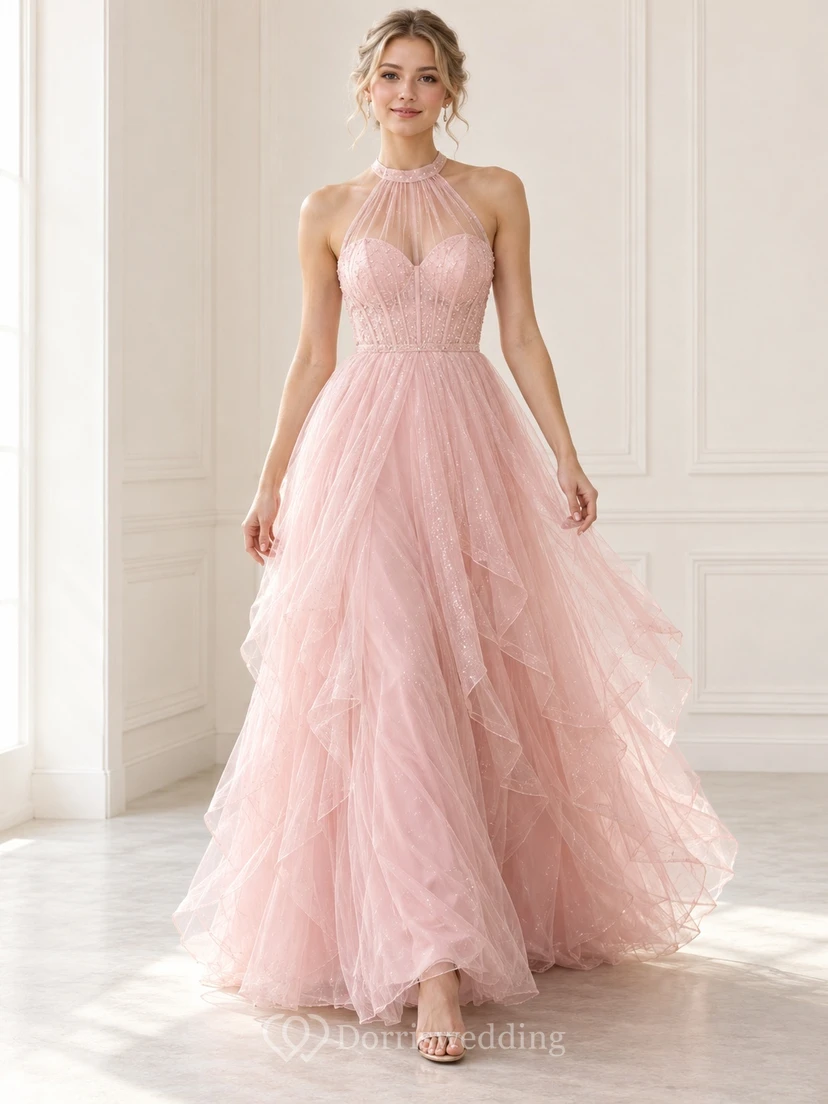 Blush Halter Sweetheart Lace Bodice Layered Tulle Long Prom Dress