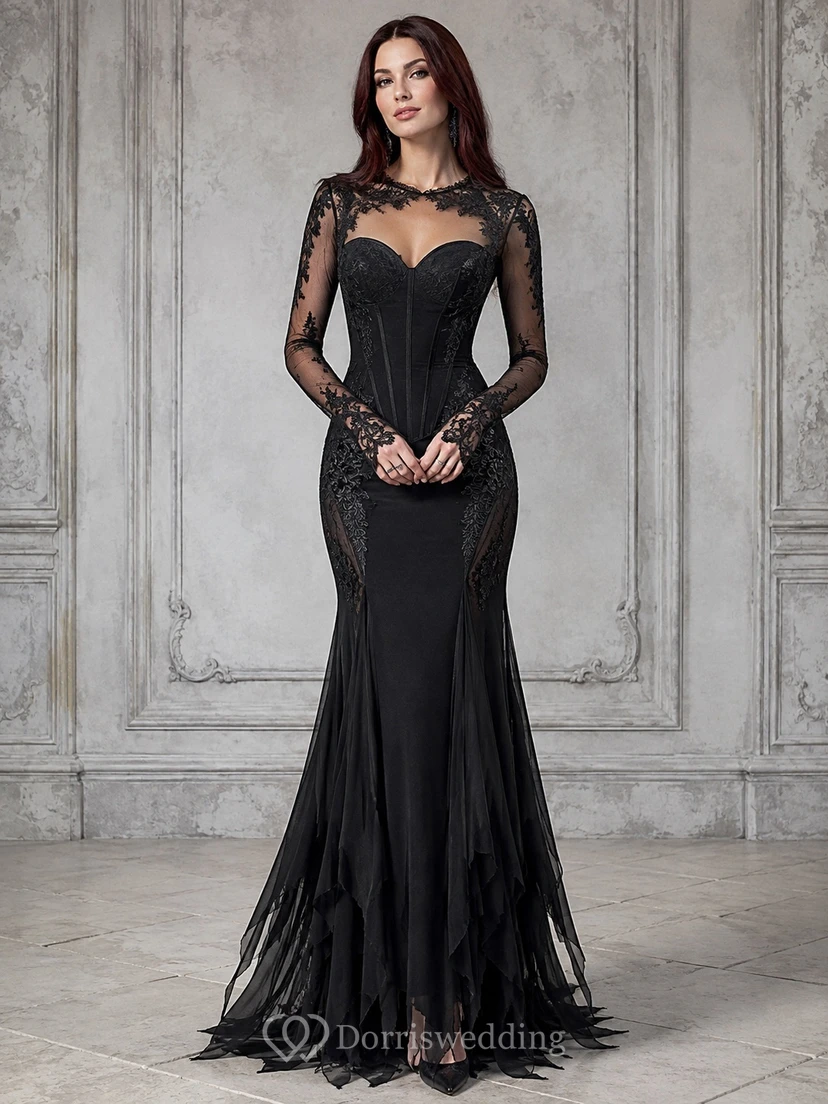 Vintage Black Illusion Long Sleeve Lace Mermaid Sweep Train Gothic Evening Gown