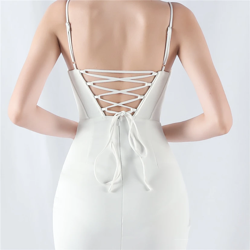 Fishbone Waist Set Crystal Diamond Satin Host Evening Dress view 25