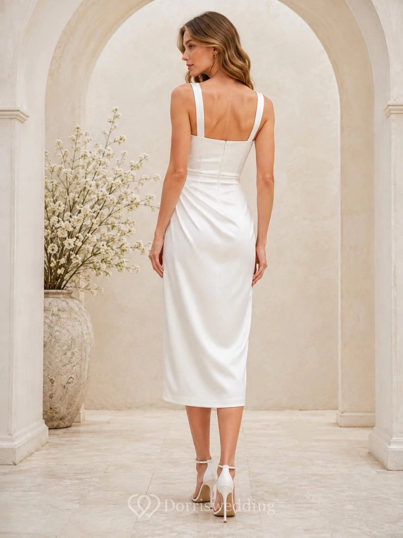 Ärmelloses, modernes Cocktailkleid aus weißem Satin mit eckigem Ausschnitt und knielangem Schnitt view 2