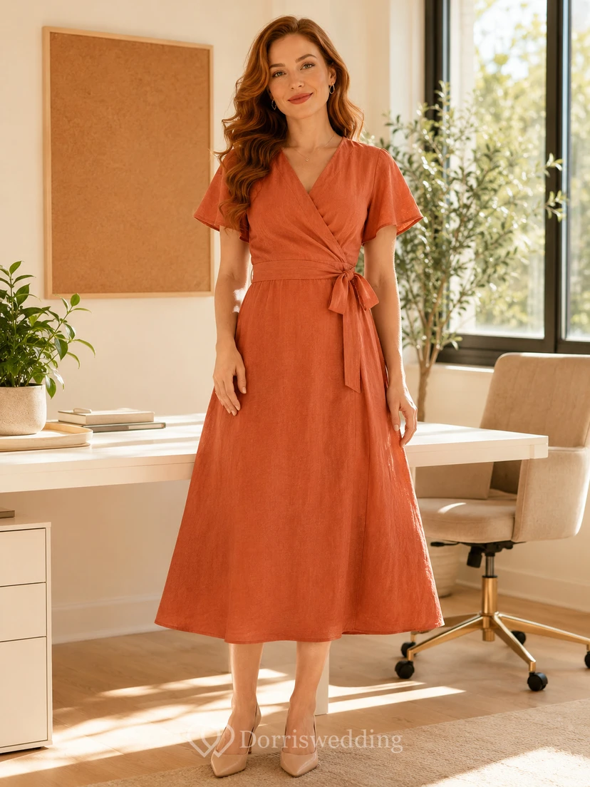 Terracotta short sleeve V-neck wrap linen summer office dress