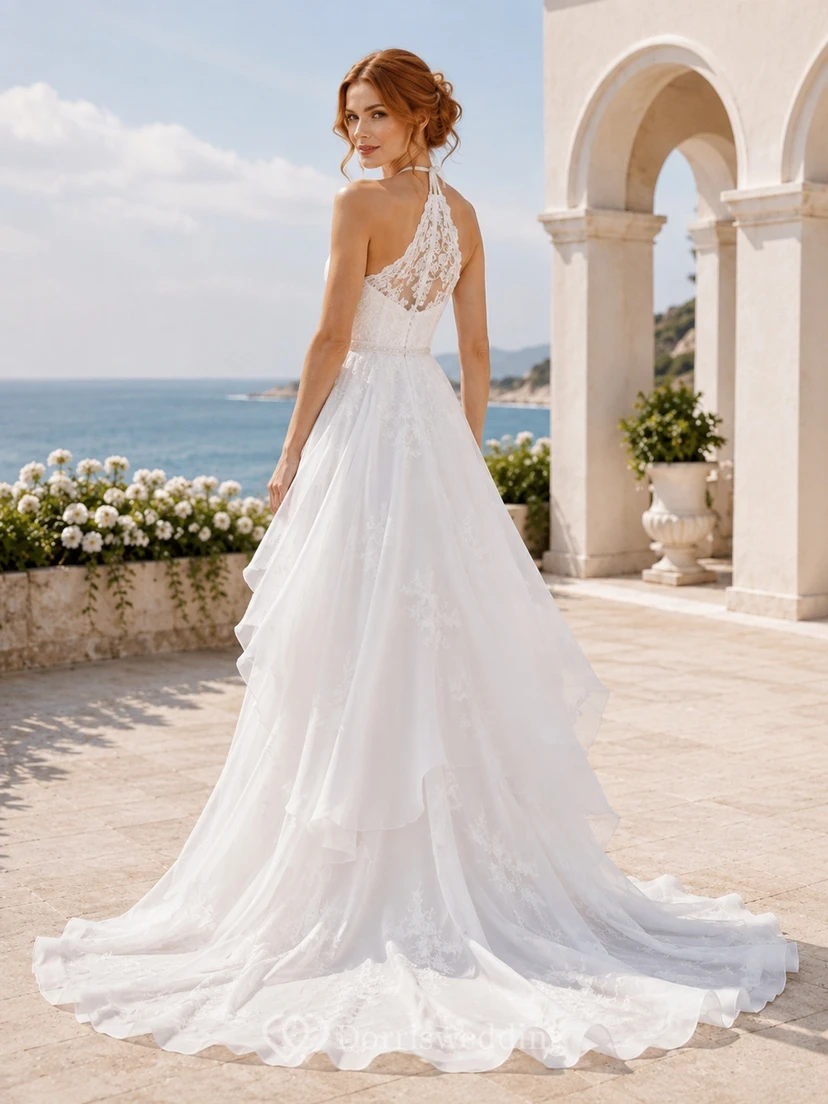 Neckholder-Brautkleid aus Spitze und Tüll, asymmetrischem Saum und A-Linien-Schnitt, perfekt für festliche Anlässe view 2