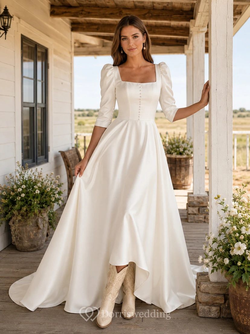 Country Square Neck Long Sleeve Satin A-Line Wedding Dress