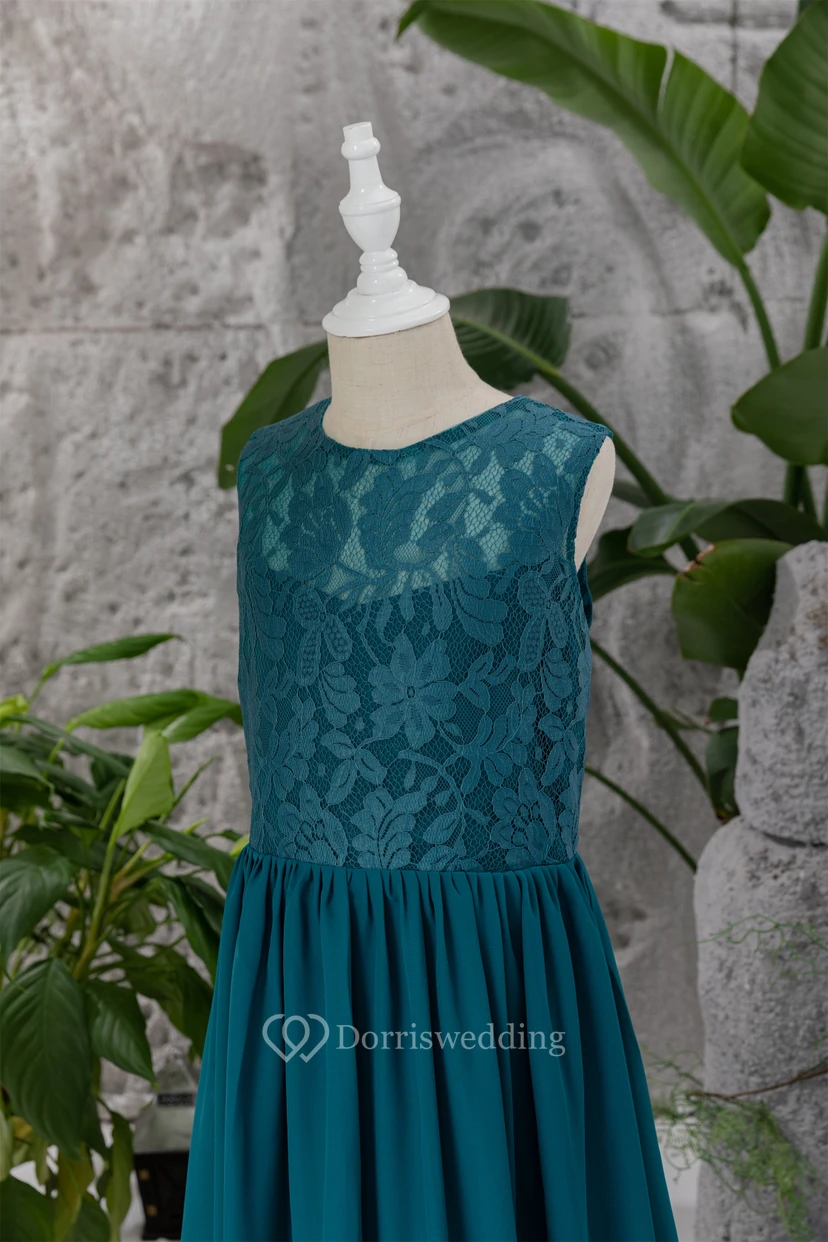 Scoop-neck Sleeveless Floor-length Ink Navy Flowergirl Dress with Lace Top view 5