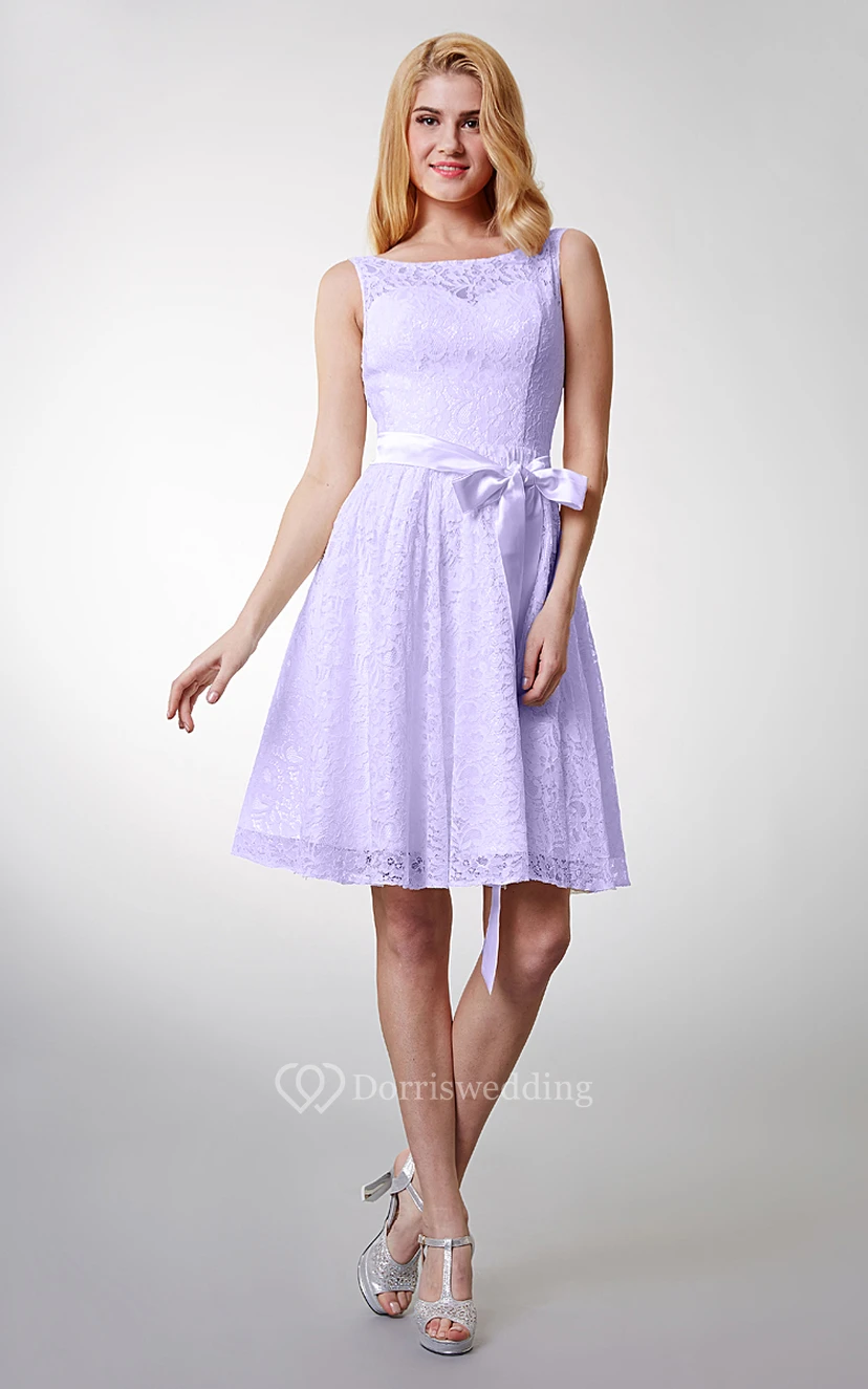 Lovely Sleeveless Short Lace Dress With Bow Sash view 7