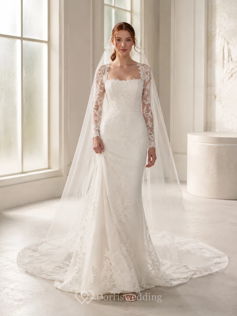 Studio-Hochzeitskleid mit langen Ärmeln, Spitze, Cape und Schleppe