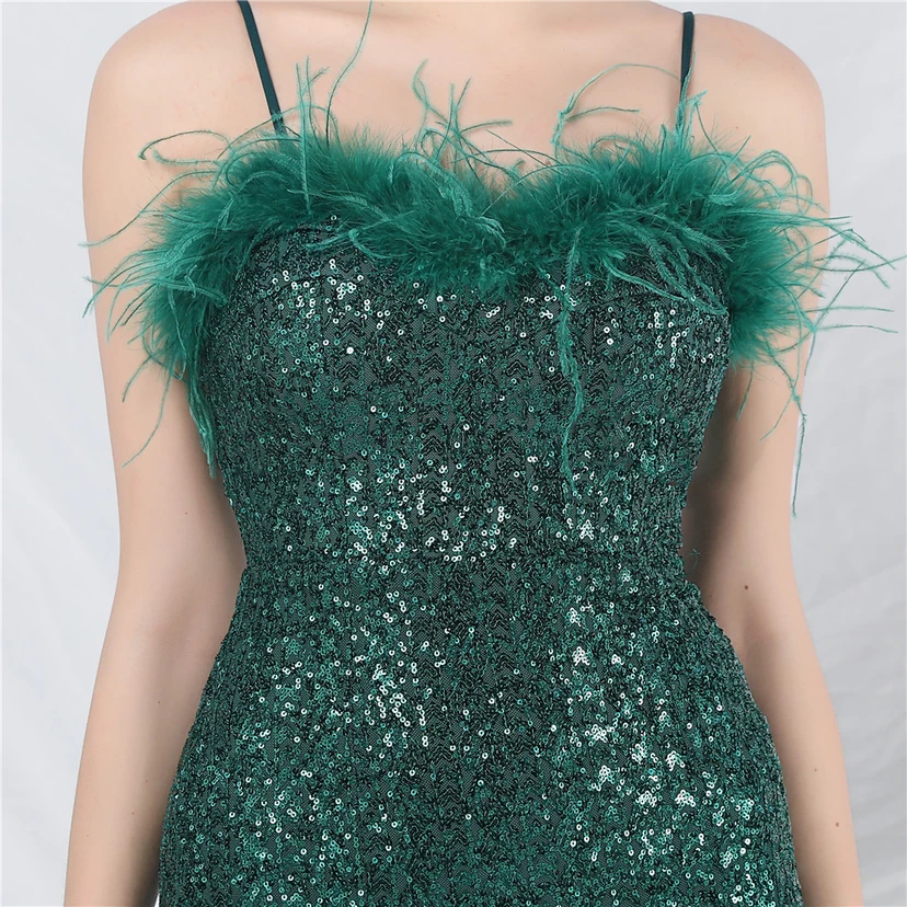 Craft Ostrich Feather Mesh Sequined Long Evening Dress view 35