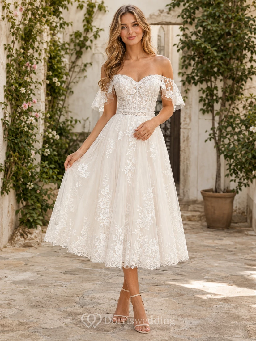 Vestido de novia bohemio de encaje con hombros descubiertos, largo hasta la rodilla, estilo campestre, para exteriores.