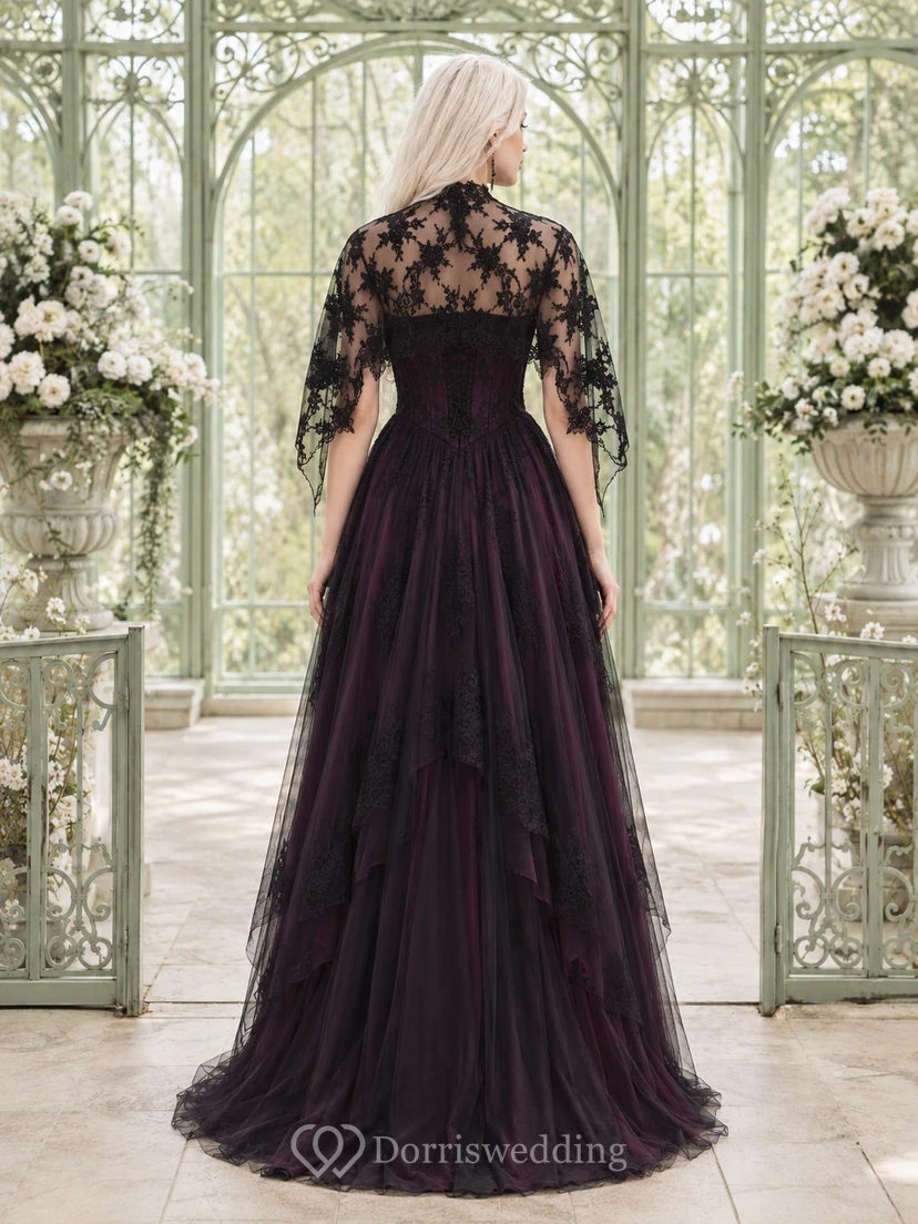 Burgundy Black High Neck Lace Cape A-Line Floor-Length Gothic Evening Gown view 2