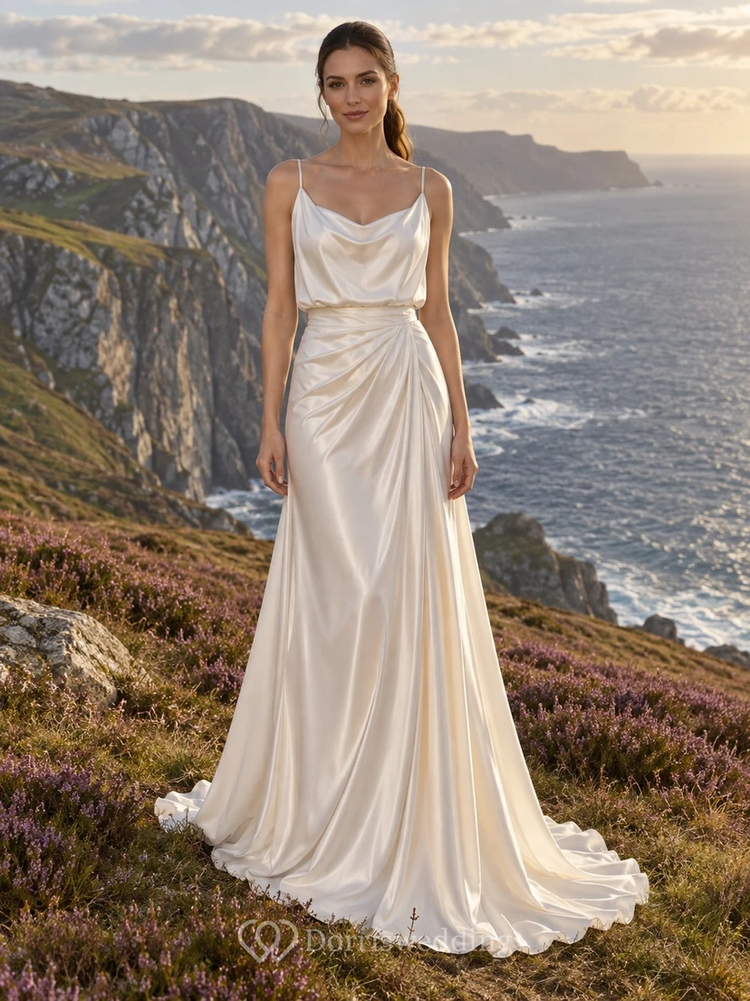 Vestido de novia sencillo de charmeuse, sin mangas, con escote drapeado y cola.