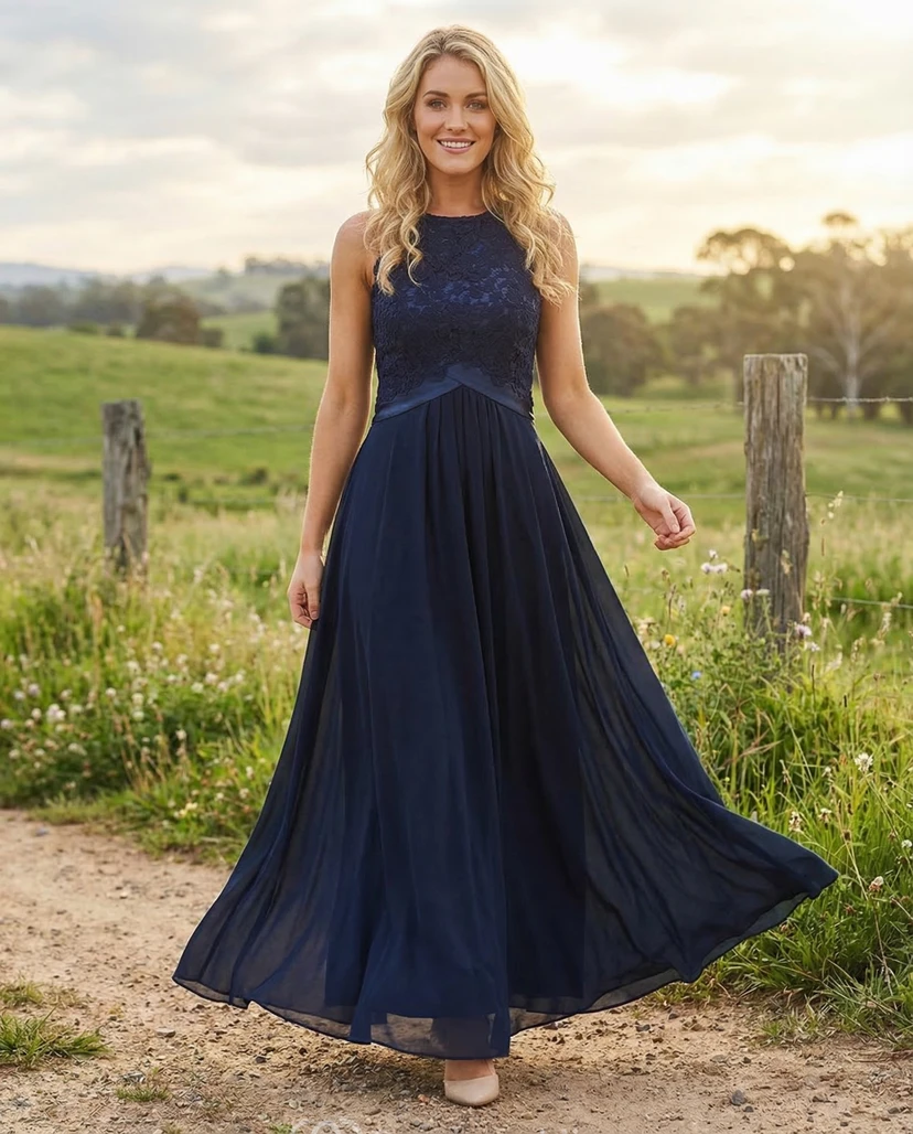 Blue Scoop Neck Chiffon Gown with Pleats