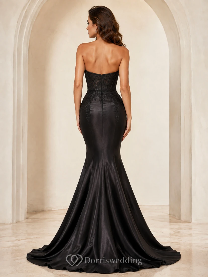 Elegante vestido de noche negro sin tirantes, de satén, con escote corazón y cola de sirena. view 2