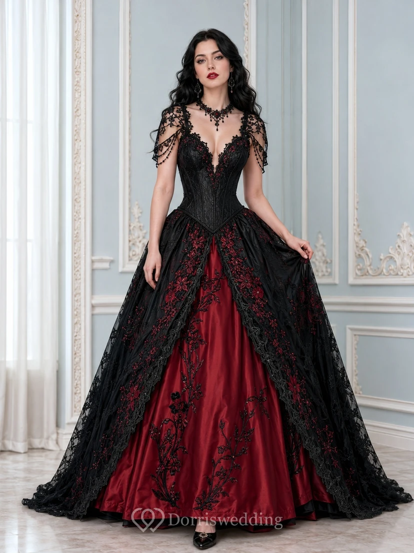 Black Red Lace V-neck Cap Sleeve Gothic Ball Gown Romantic Evening Dress