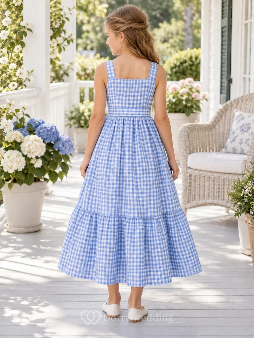 Square Neck Country Blue Sleeveless Tiered Gingham Cotton A-line Flower Girl Dress view 2