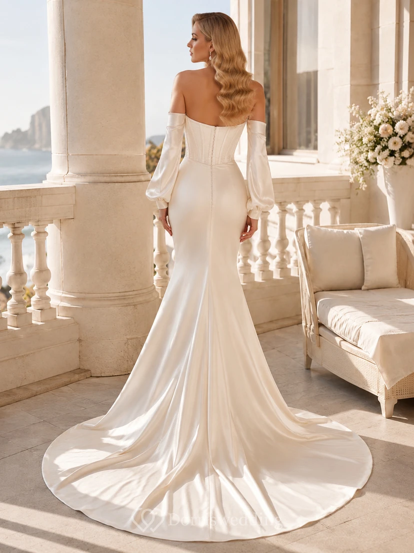 Robe de mariée sirène minimaliste en satin poli, décolleté cœur, manches gigot amovibles et traîne chapelle view 2