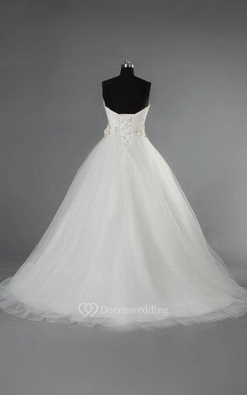 Sweetheart Tulle Ball Gown With Ruched Crisscross Bodice and Beaded Flowers view 4
