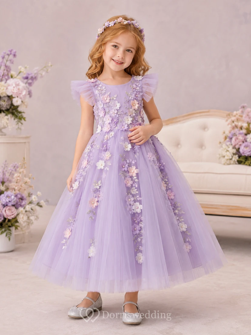 Robe de demoiselle d'honneur mi-longue en tulle lavande à manches papillon et appliqué floral 3D
