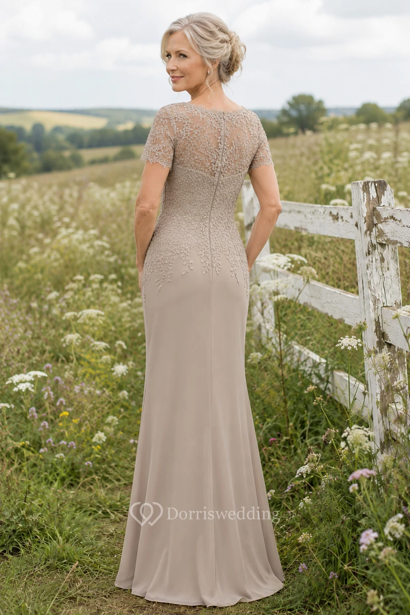 Taupe Bateau Sequined Lace Sheath Mother Dress view 2