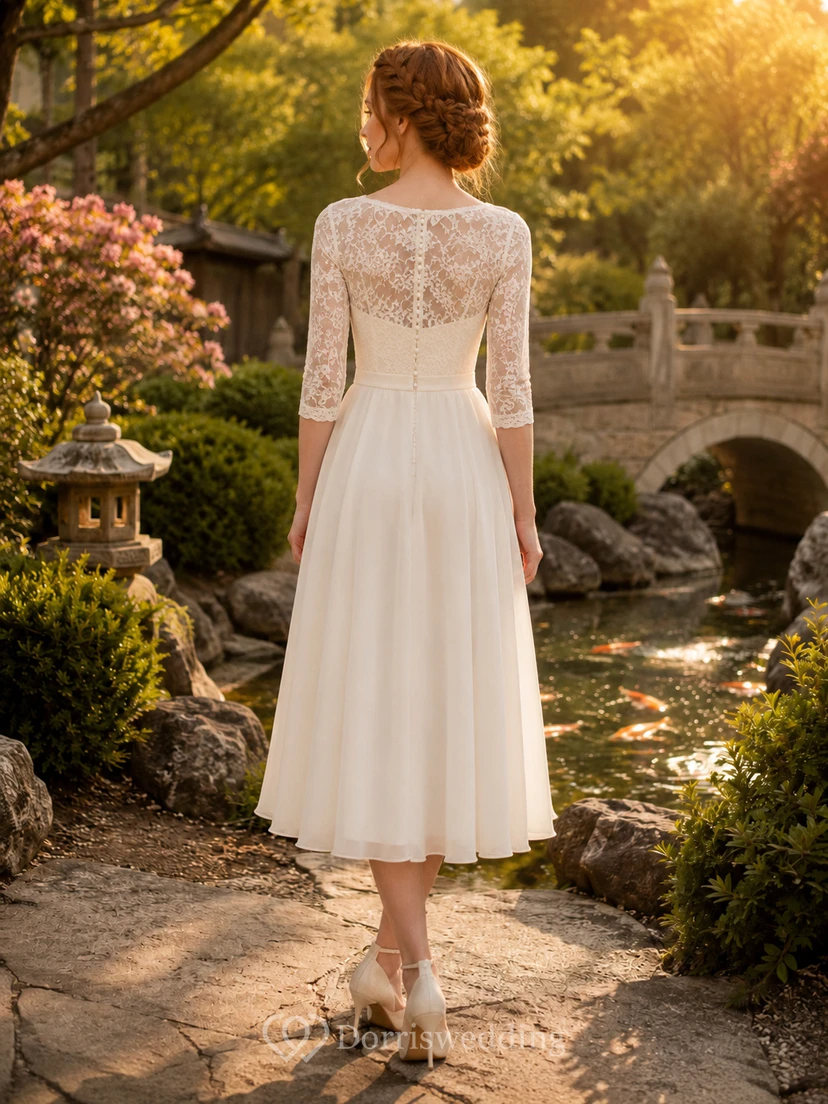 Modest Illusion Lace Three Quarter Sleeve Tea Length Wedding Dress view 2