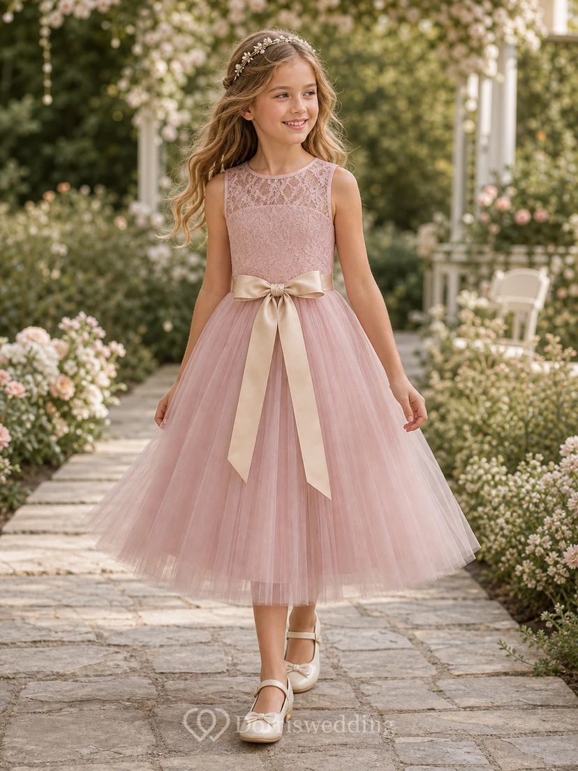 Scoop Sleeveless White First Communion A-line Tulle Bow Keyhole Back Flowergirl Dress view 4