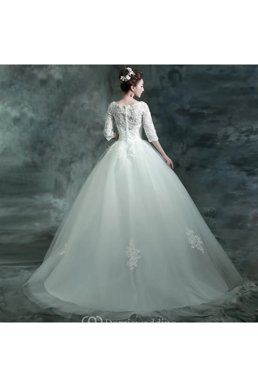 Modern Lace Appliques 3-4-Long Sleeve Wedding Dress Sweep Train view 4