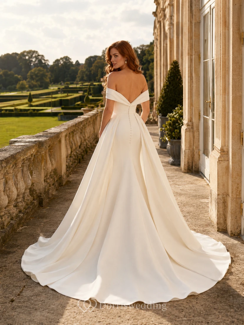 Satin Wedding Dress A-Line Off Shoulder Floor Length with Slit Low V Back Bridal Gown view 2