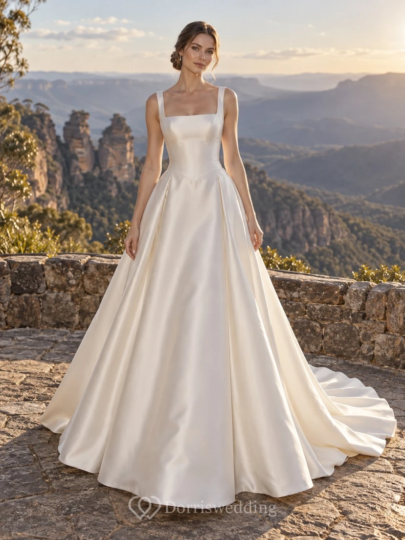 Schlichtes Brautkleid aus Satin mit eckigem Ausschnitt, breiten Trägern und schwungvoller A-Linie
