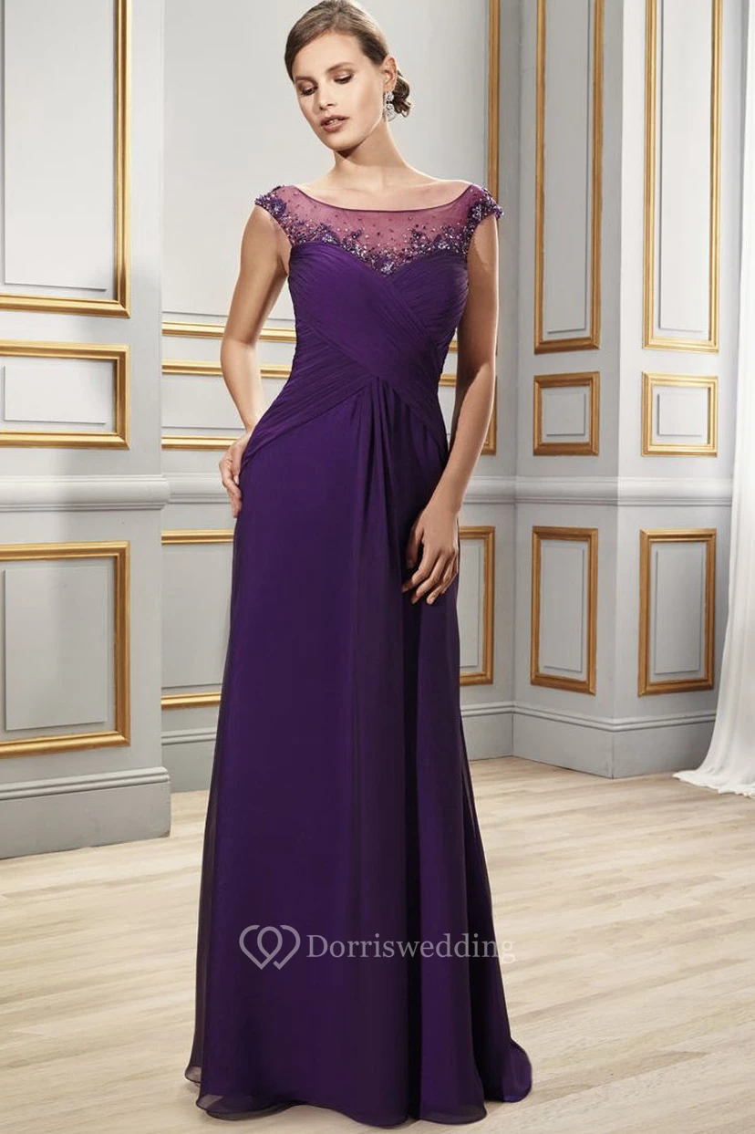 Scoop Neck Cap Sleeve Criss-Cross Chiffon Formal Dress