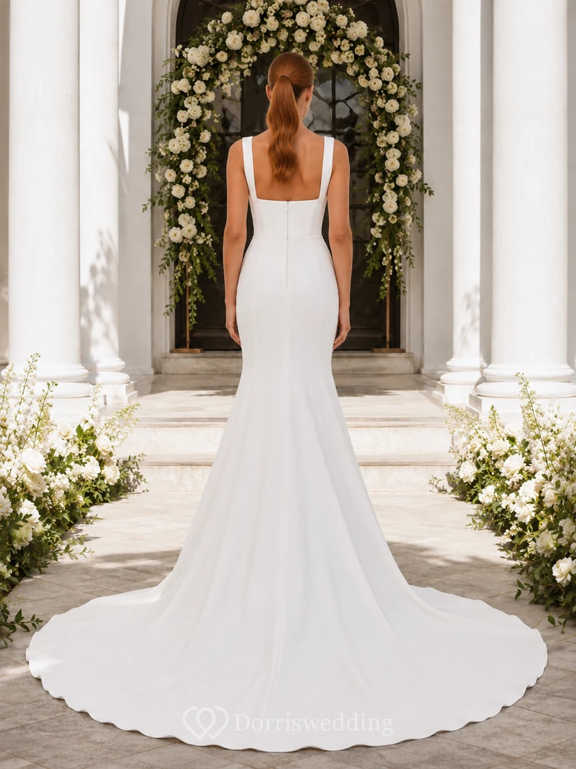 Vestido de novia minimalista de satén, estilo sirena, con escote cuadrado, sin mangas y cola de corte. view 2