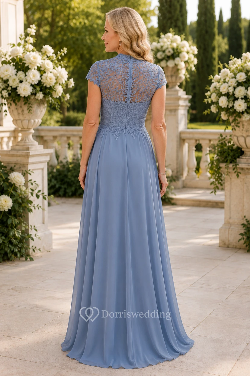 Dusty Blue Lace Bodice A-Line Mother Dress with Cap Sleeves view 2