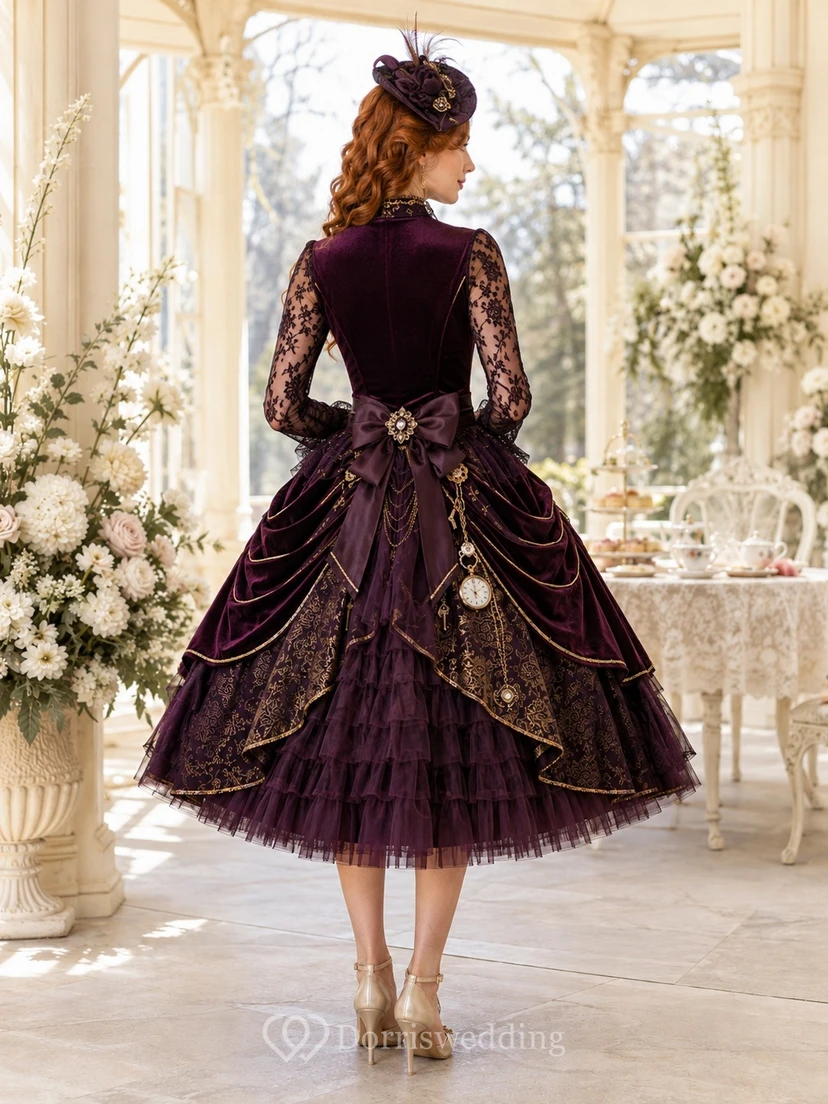 Burgundy Velvet Square Neck Long Sleeve Ball Gown Tea-length Party Dress view 2