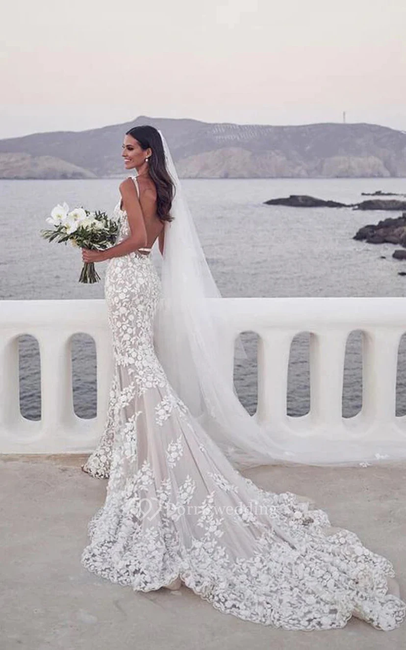 Sheath V-neck Plunged Backless Lace Applique Wedding Dress with Court Train view 3