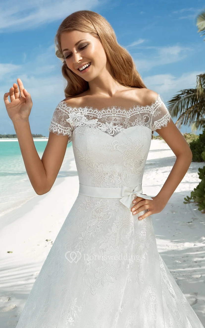A-Line Long Off-The-Shoulder Short-Sleeve Corset-Back Lace Dress With Bow And Sash view 2