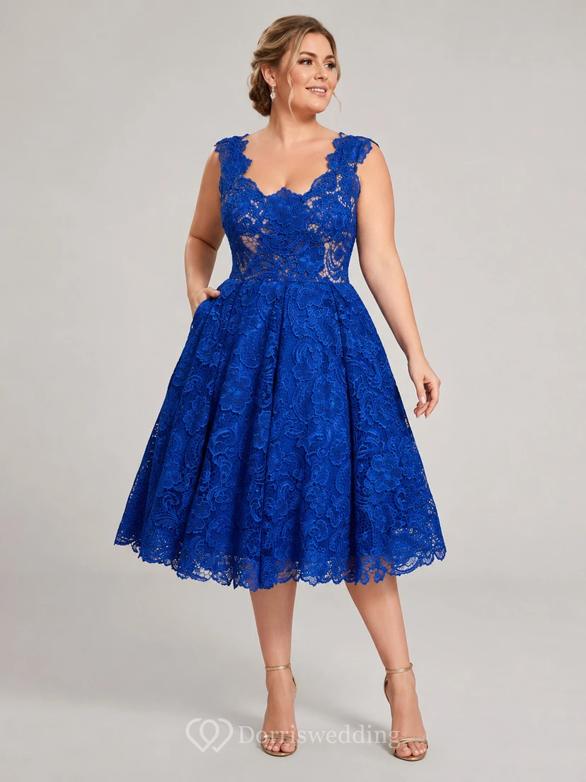 Cap Sleeve Scoop Neck A-line Knee Length Lace Dress view 4