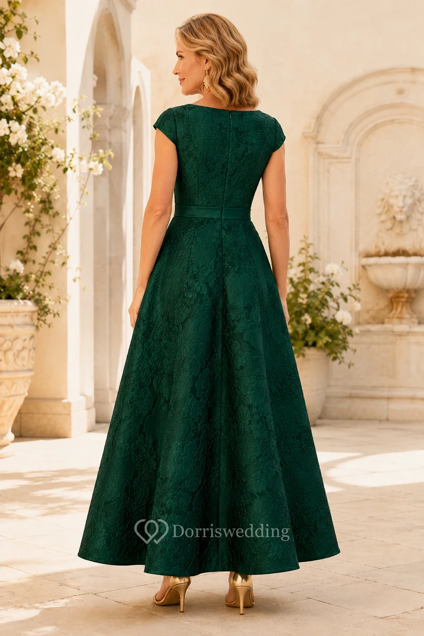 Dunkelgrünes, teelanges Brokat-Mutterkleid in A-Linie mit kurzen Ärmeln view 2