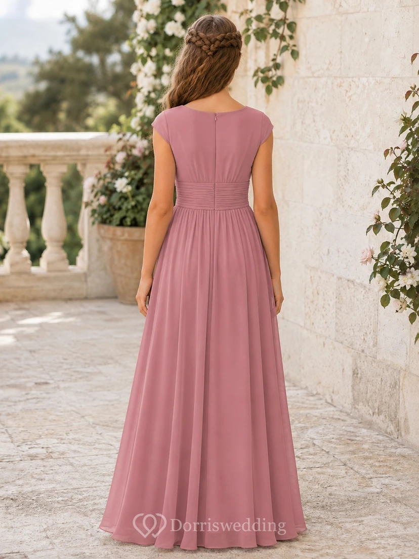 Vestido de dama de honor juvenil rosa empolvado, corte en A, camiseta de manga corta con detalles de joyas, plisado, romántico. view 2