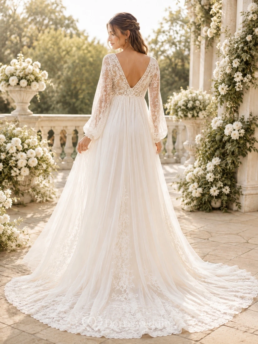 Vestido de novia premamá modesto de manga larga con encaje y escote en V view 2