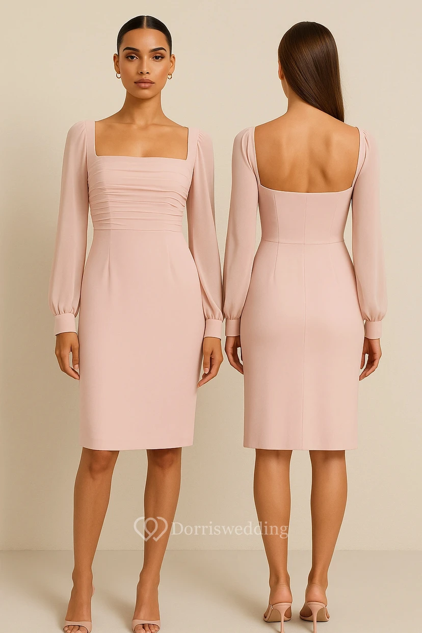 Langes, knielanges, pinkfarbenes Bleistiftkleid mit Puffärmeln und gerafftem Oberteil