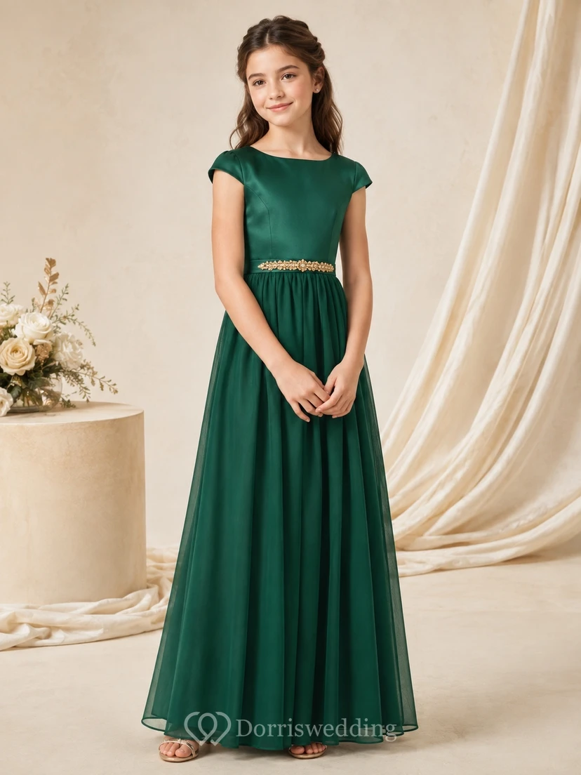 Dunkelgrünes Brautjungfernkleid für junge Damen, A-Linie, Rundhalsausschnitt, kurze Flügelärmel, Satinschärpe/Band, elegant