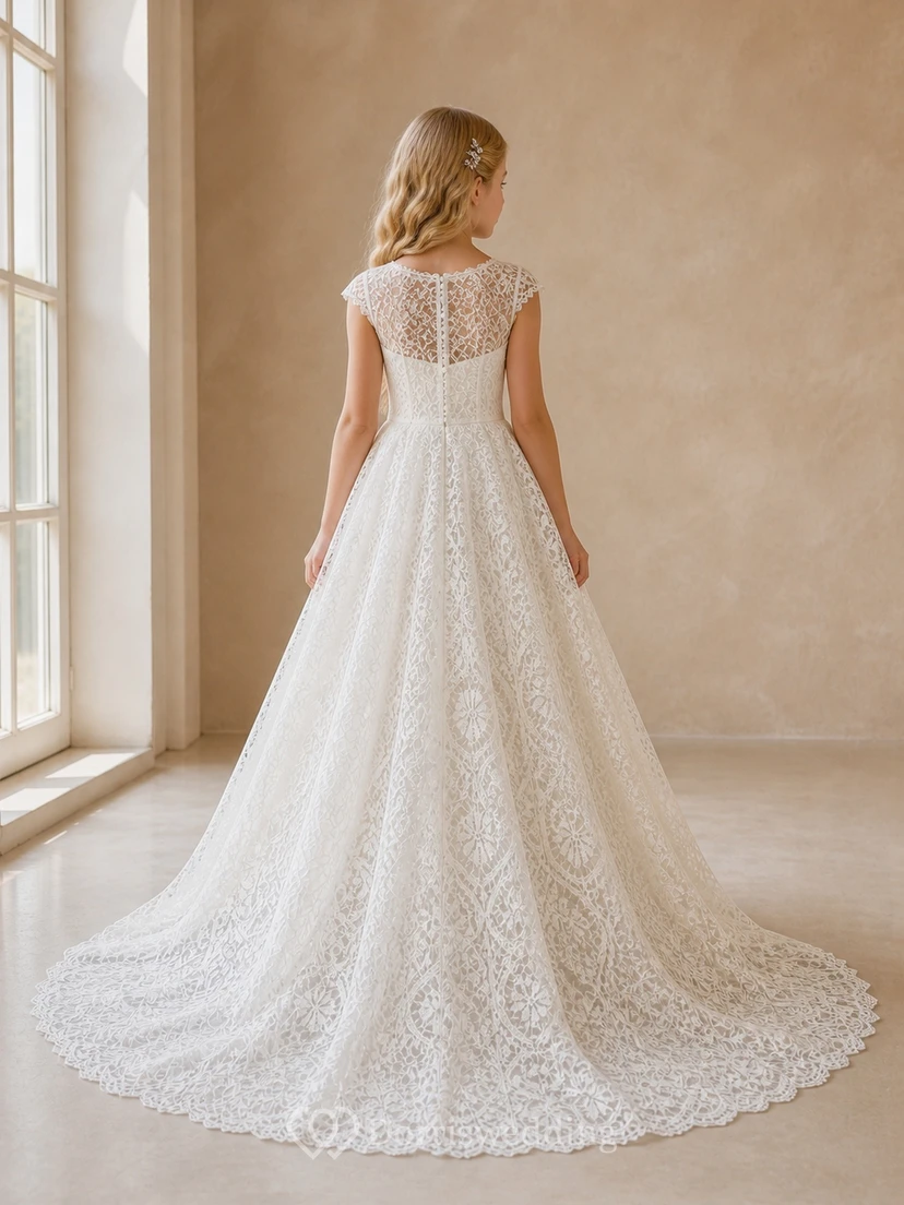 Princess A-Line Scoop Sleeveless Floral Lace Chapel Train Flowergirl Dress view 2