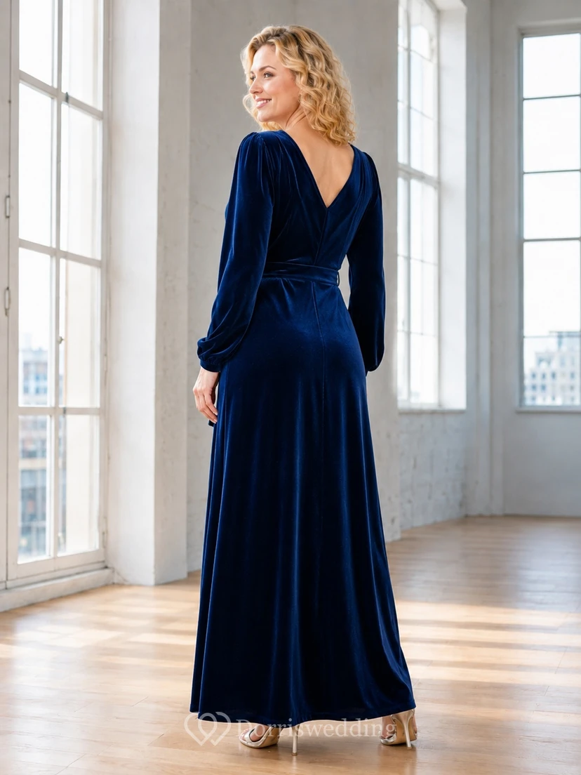 Dark Navy Velvet V-neck Long Sleeve A-Line Floor-length Luxury Elegant Formal Evening Ruched Dress view 2