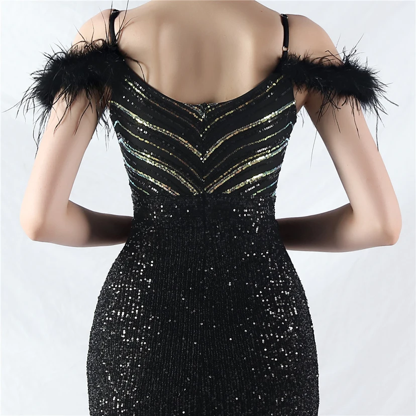 Elegantes Abendkleid mit Straußenfedern und Perlen, sexy, lang, mit Trägern und Schlitz view 36