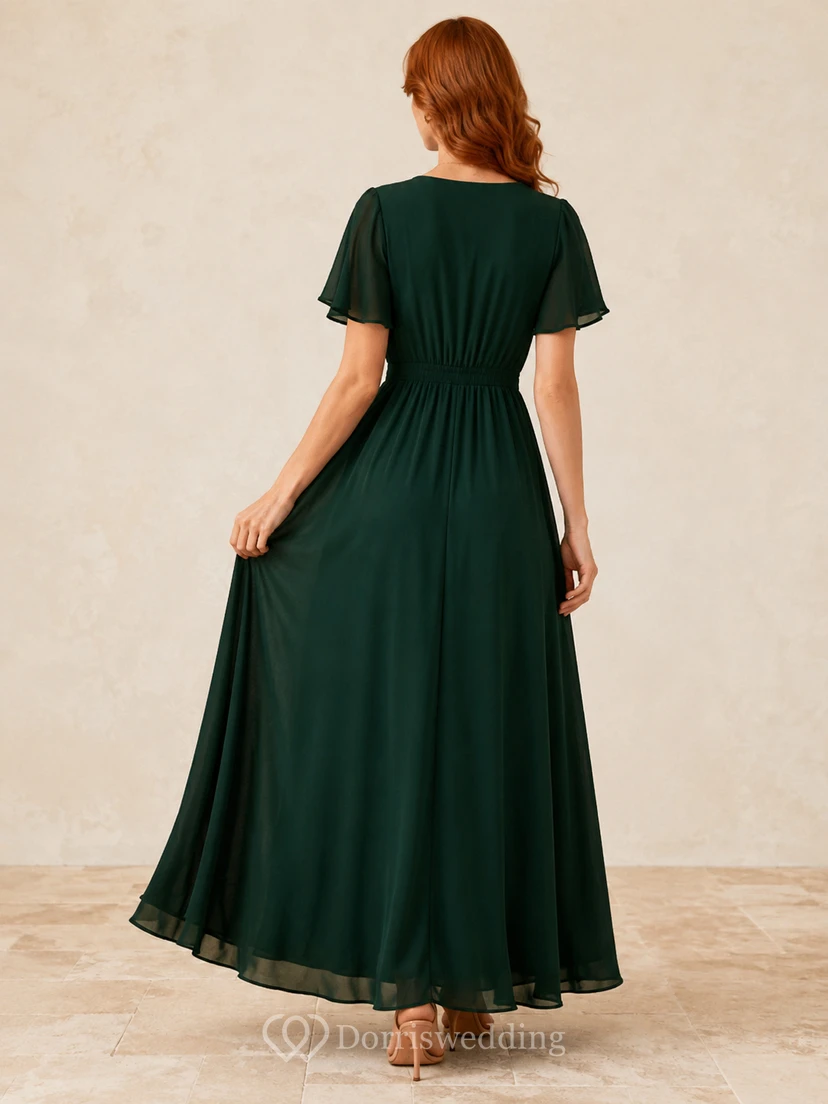Emerald V Neck Flutter Sleeve Chiffon Formal Maxi Dress view 2